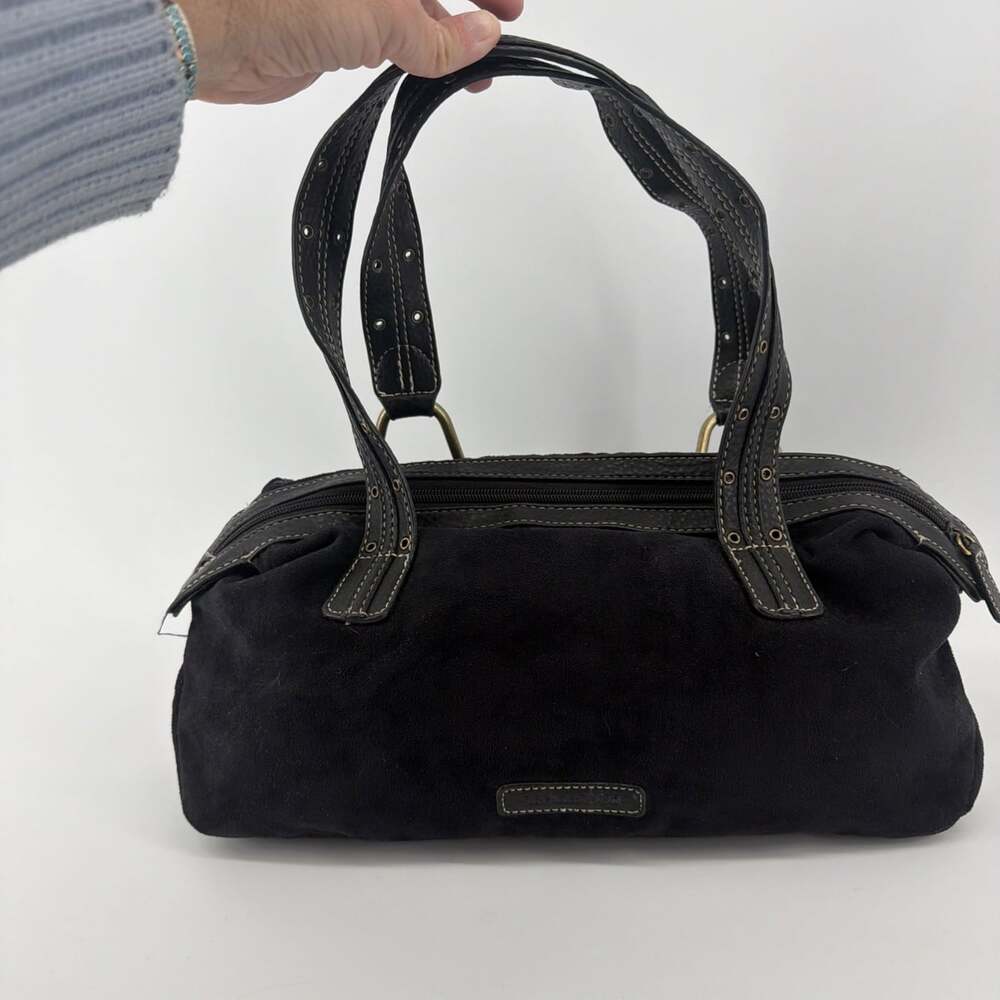 VTG Sag Harbor Faux Suede Black Satchel Shoulder Bag Y2K Style Studded Detail - Picture 2 of 11